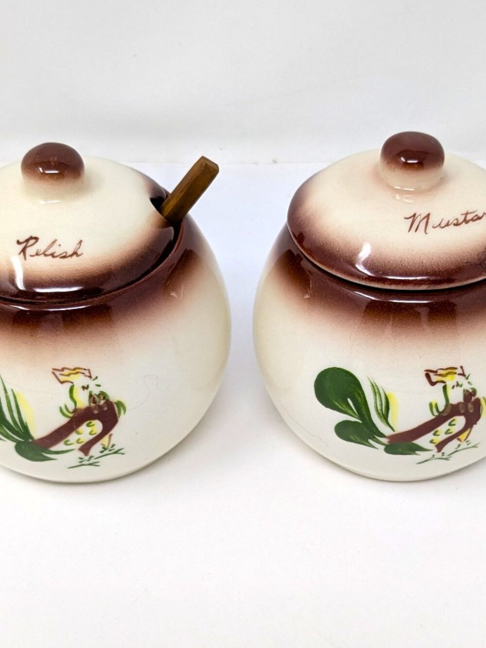 Brock of California CHANTICLEER Rooster RELISH MUSTARD Jars VTG 50s Farmhouse